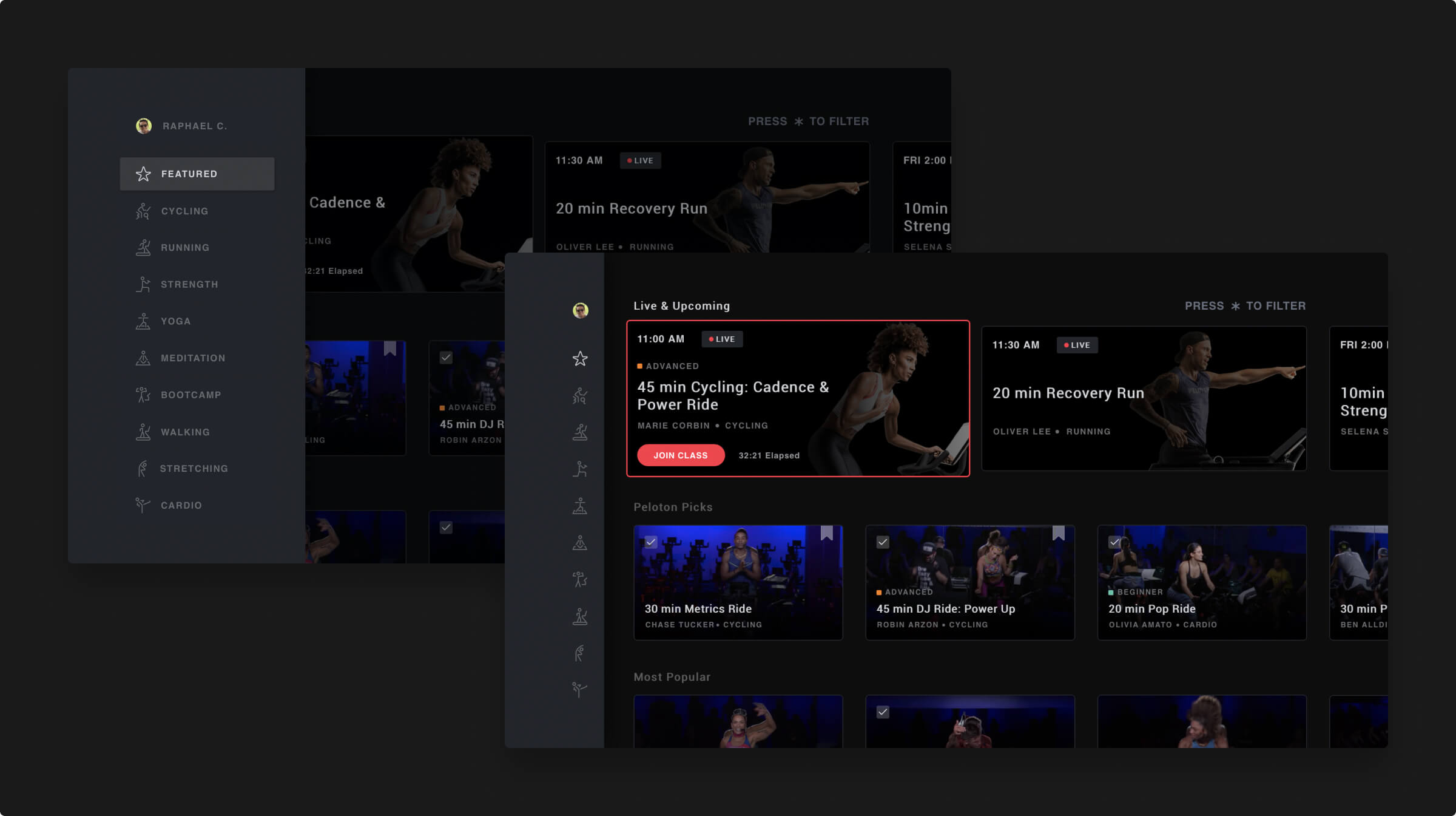 Peloton Menu and Featured Lander